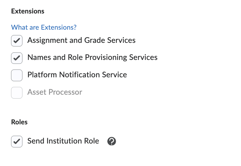 A screenshot of the D2L tool registration page with the following options checked off: Assignment and Grade Services, Names and Role Provisioning Services, Send Institution Role.